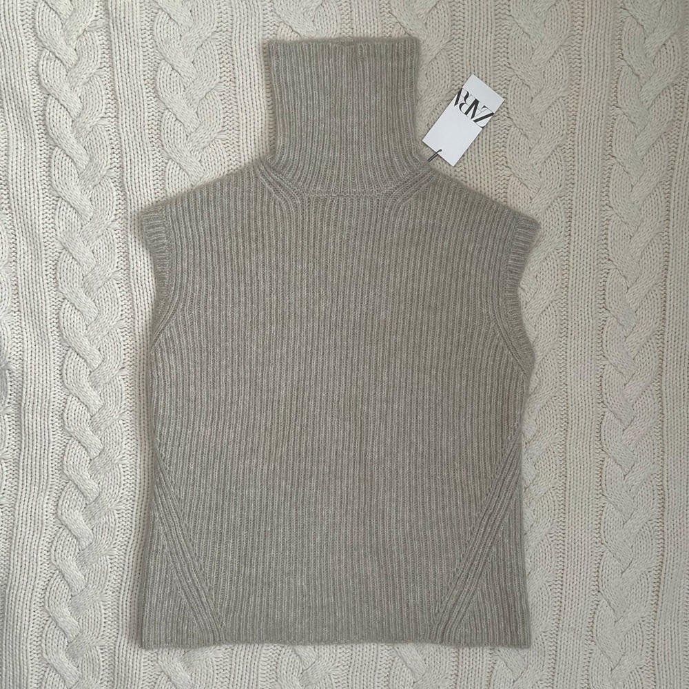 Zara Beige Knit Turtleneck Open Back Vest